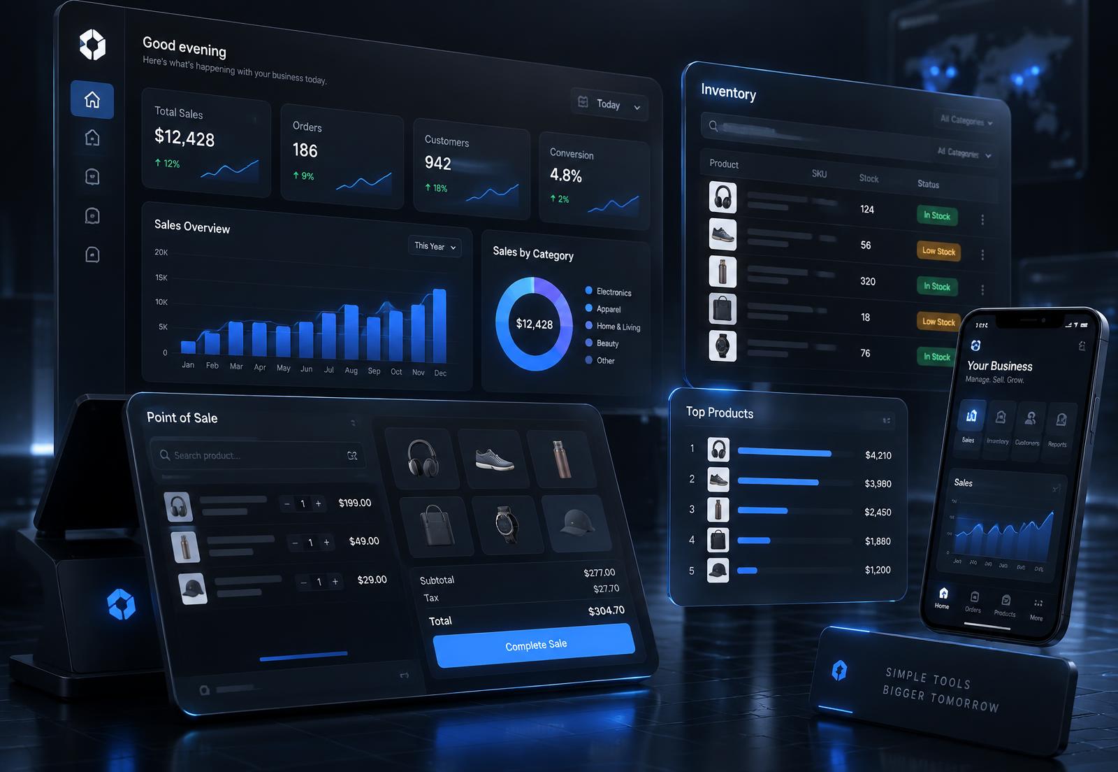 Interfaces de EDOM Core: dashboard, POS, inventario y aplicación móvil